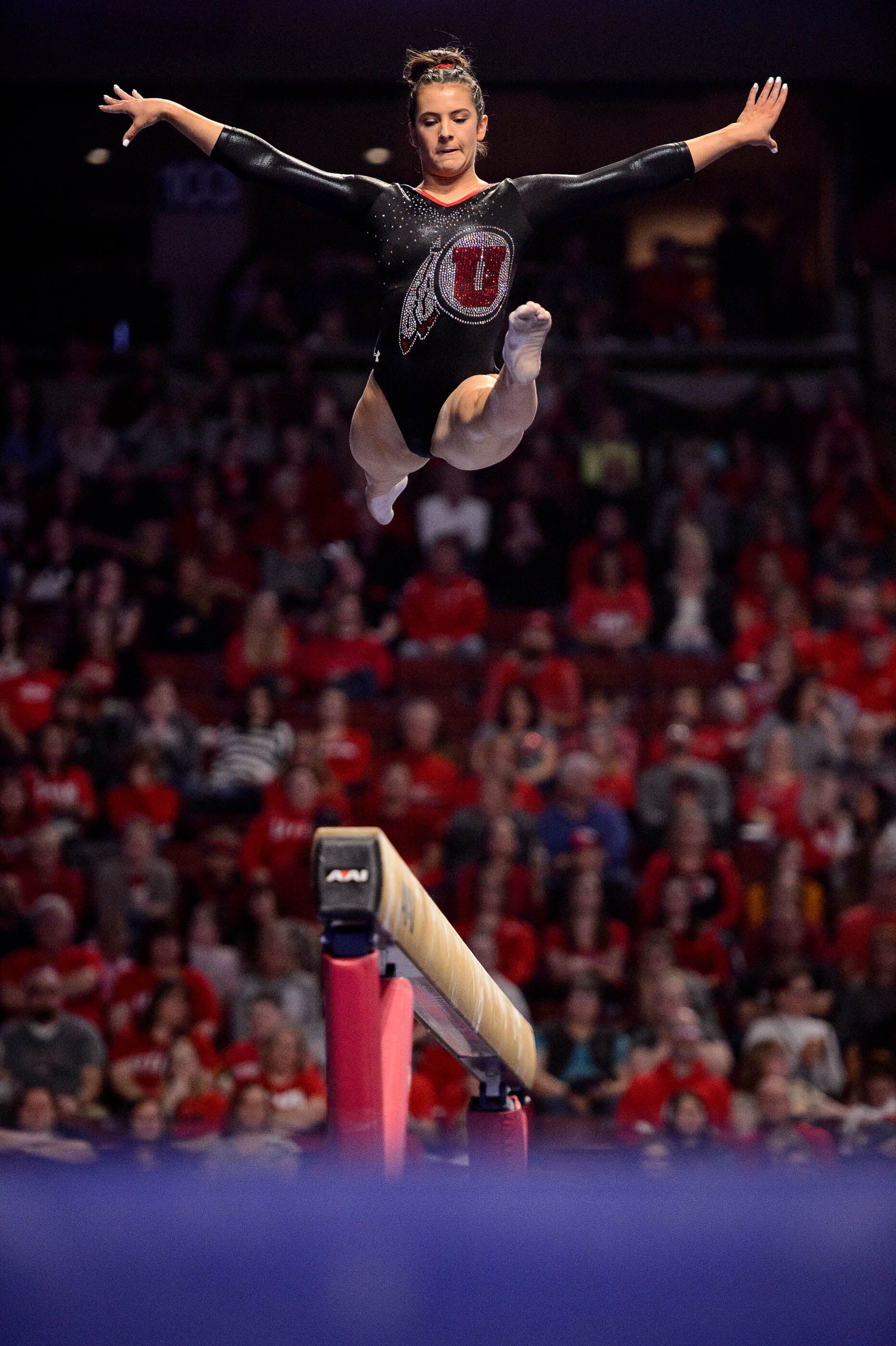 (Trent Nelson | The Salt Lake Tribune) Utah's Alexia Burch on the beam at the Best of Utah NCAA Gymnastics Meet in West Valley City on Saturday, Jan. 11, 2020.