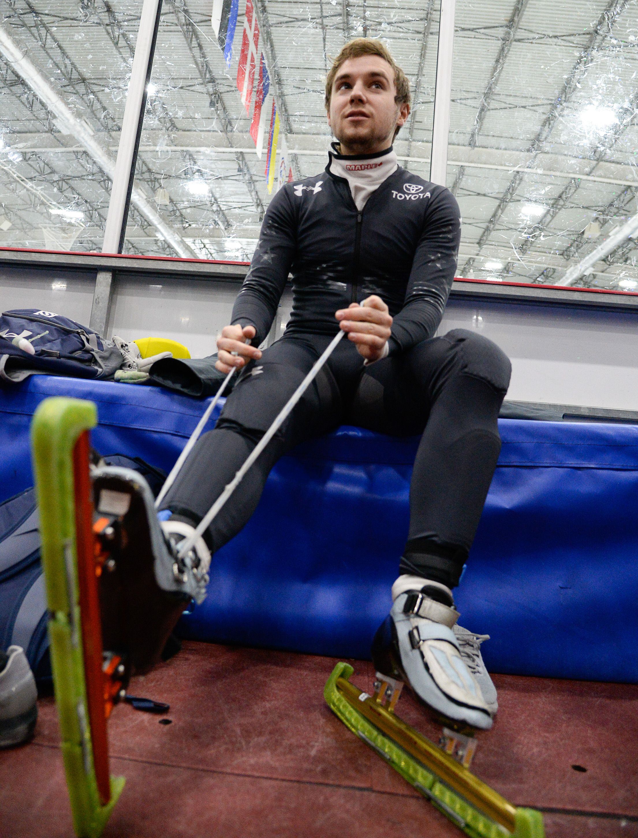 (Francisco Kjolseth | The Salt Lake Tribune) Ryan Pivirotto prepares for a semifinals mixed relay race as part of the U.S. Short Track Speedskating championships on Friday, Jan. 3, 2020, at the Utah Olympic Oval in Kearns.