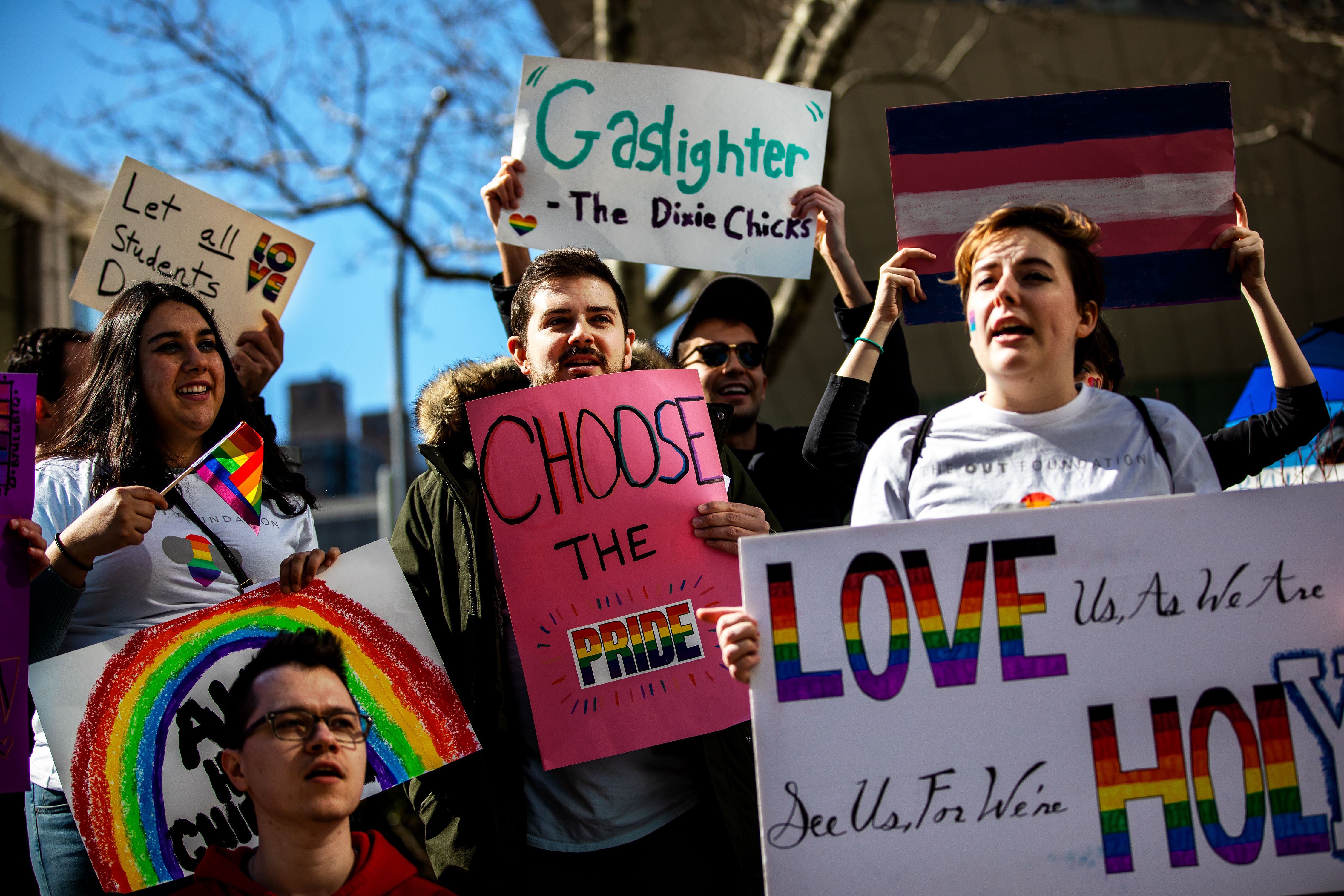 (Demetrius Freeman | for The Salt Lake Tribune) Current and former members of the Church of Jesus Christ of Latter-day Saints, the LGBTQ+ community, and supporters gather at Lincoln square across from the Mormon temple in Manhattan, New York, on March 7, 2020, to stand in solidarity with LGBTQ+ students who attending Brigham Young University. Brigham Young University reinstated homophobic policies in their student handbook that prohibit Òhomosexual behavior.Ó