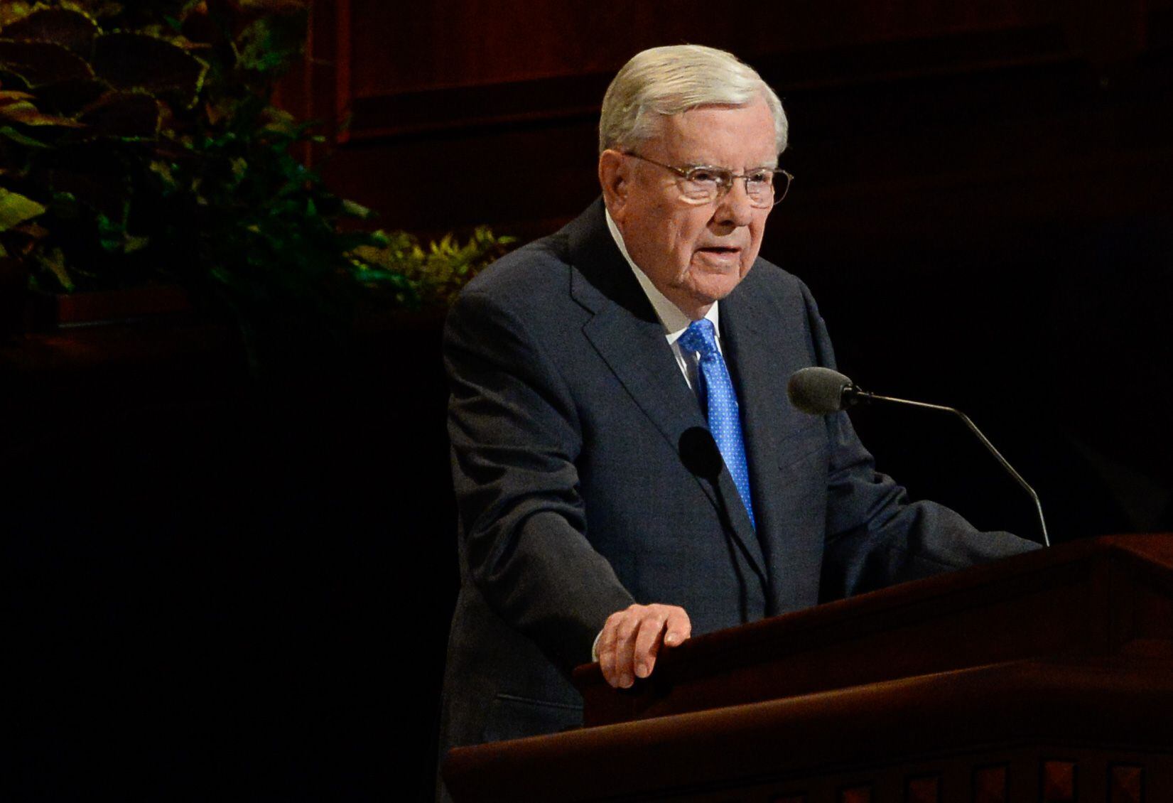 (Francisco Kjolseth | The Salt Lake Tribune) President M. Russell Ballard, acting president of the Quorum of the Twelve Apostles, addresses those gathered for the Sunday afternoon session of the 189th twice-annual General Conference of The Church of Jesus Christ of Latter-day Saints at the Conference Center in Salt Lake City on Sunday, Oct. 6, 2019.