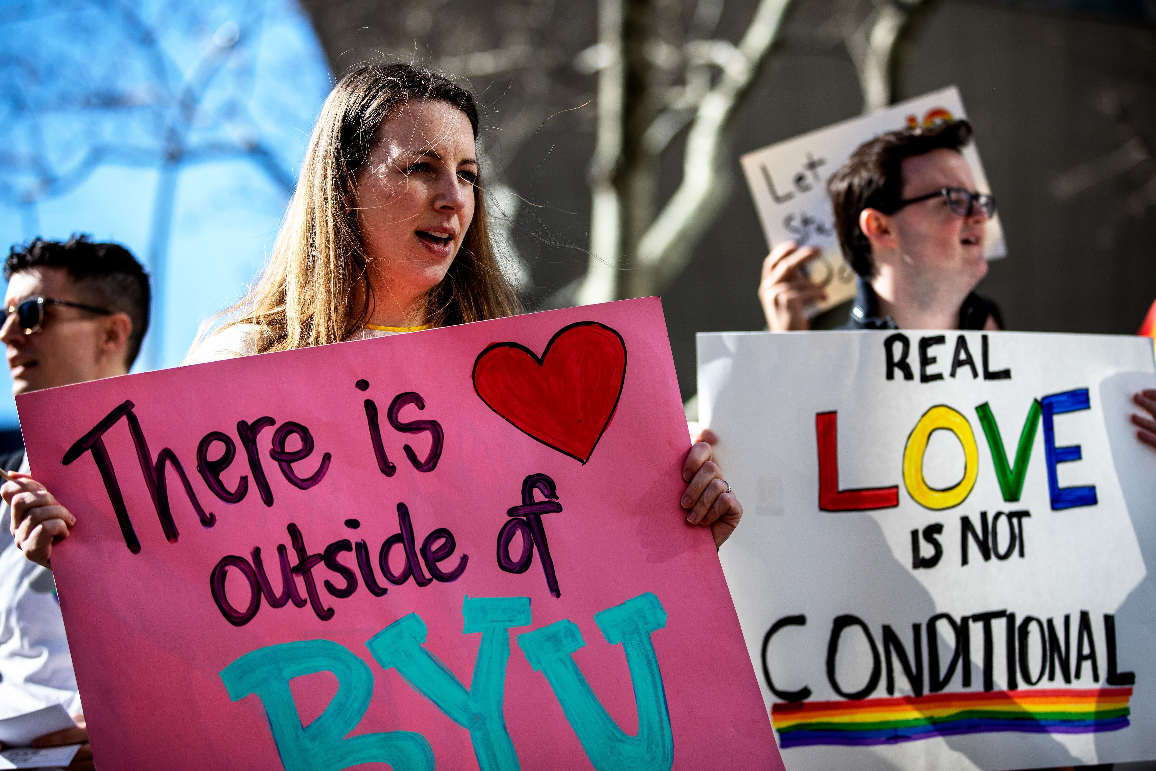 (Demetrius Freeman | for The Salt Lake Tribune) Current and former members of the Church of Jesus Christ of Latter-day Saints, the LGBTQ+ community, and supporters gather at Lincoln square across from the Mormon temple in Manhattan, New York, on March 7, 2020, to stand in solidarity with LGBTQ+ students who attending Brigham Young University. Brigham Young University reinstated homophobic policies in their student handbook that prohibit Òhomosexual behavior.Ó