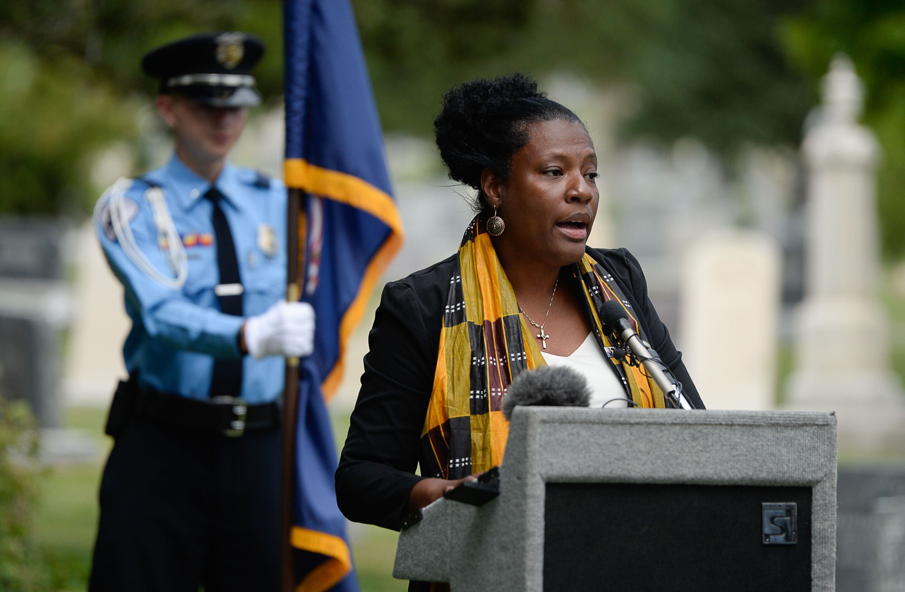 (Francisco Kjolseth | The Salt Lake Tribune) Rep. Sandra Hollins, D-Salt Lake, says a few words in conjunction with the 400th anniversary of the arrival of African slaves in the United States, as Salt Lake City dedicates the first grave marker for Tom, an enslaved Black pioneer who was buried in the Salt Lake City Cemetery in 1862. The placement and dedication of the marker on Thursday, Aug. 22, 2019, is the result of research initially conducted by Mark Smith, the former sexton of the Cemetery.