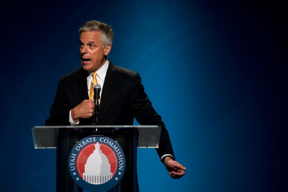 (Ivy Ceballo/Deseret News, via AP, pool photo) In this file photo from June 1, 2020, former Gov. Jon Huntsman, speaks during a Republican primary debate in Salt Lake City. He stepped down as U.S. ambassador to Russia under Donald Trump to return to Utah and make a run at reclaiming his seat. 