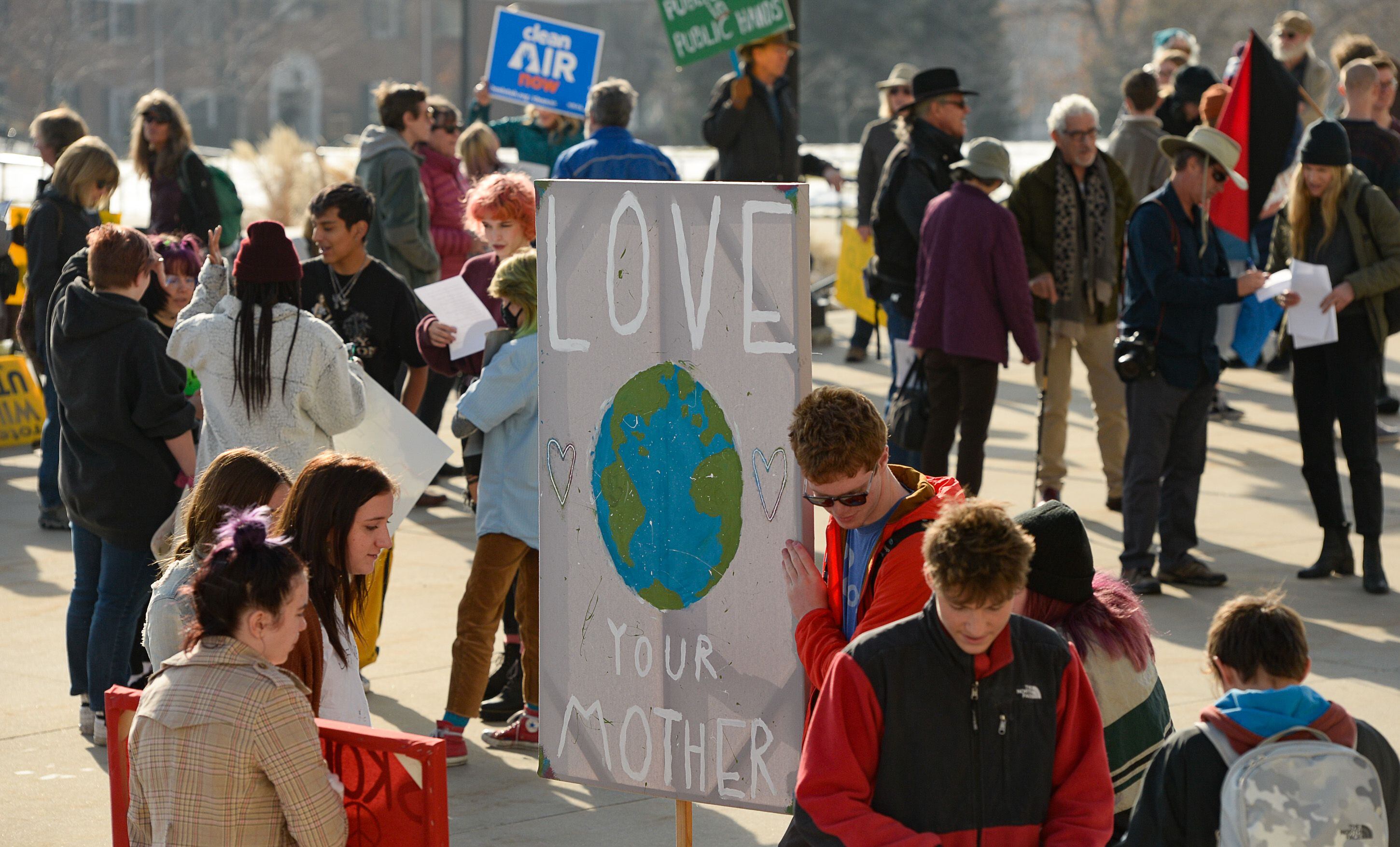 (Francisco Kjolseth | The Salt Lake Tribune) Fridays For Future, Utah Youth Environmental Solutions, and partners strike in opposition to UtahÕs final oil and gas lease sale of 2019 that will auction off public lands and further fossil fuel development and for climate action during a rally on the steps of the Utah Capitol on Friday, Dec. 6, 2019.