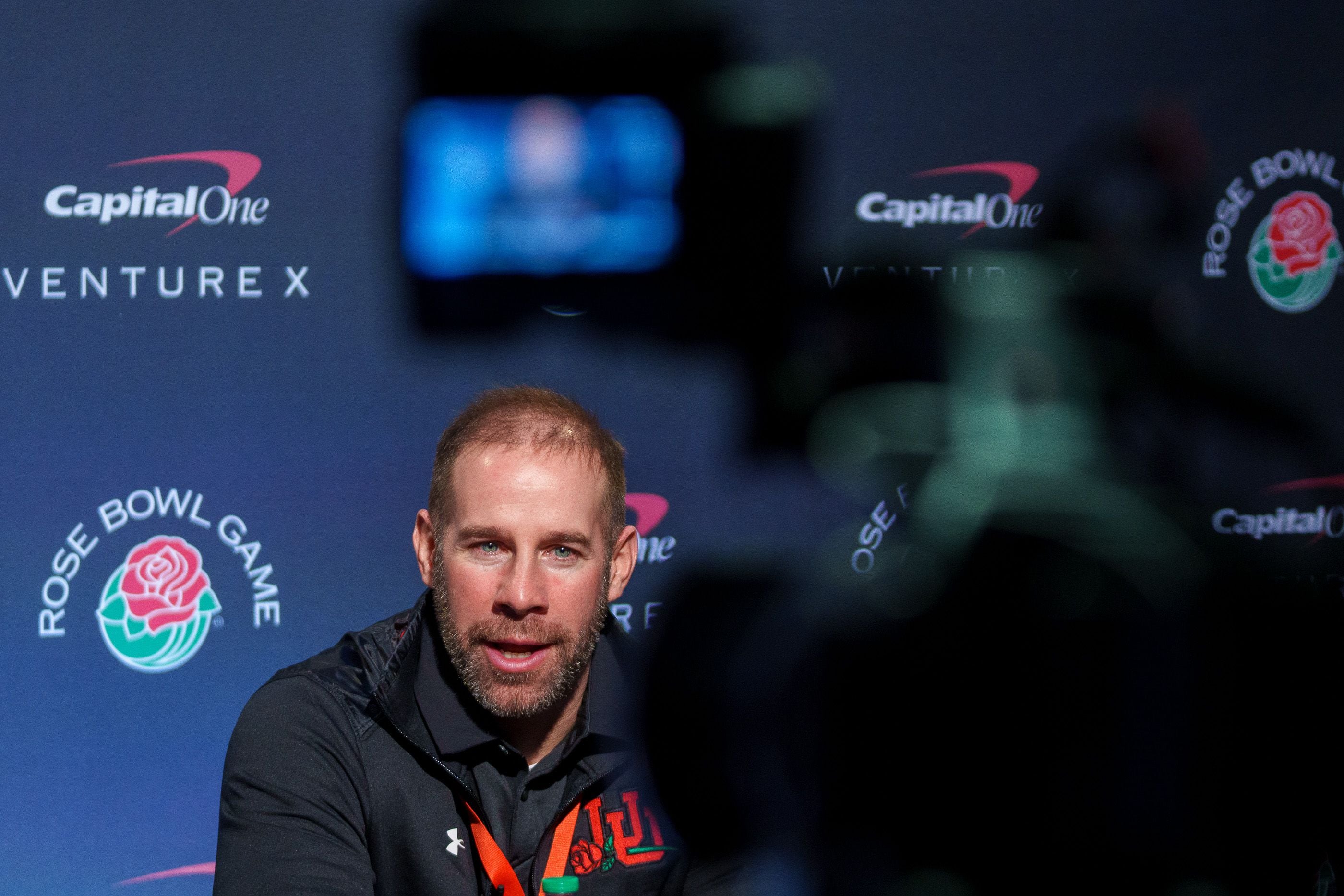 (Trent Nelson | The Salt Lake Tribune) Utah football defensive coordinator Morgan Scalley at a Rose Bowl media session in Los Angeles, Calif., on Wednesday, Dec. 29, 2021.