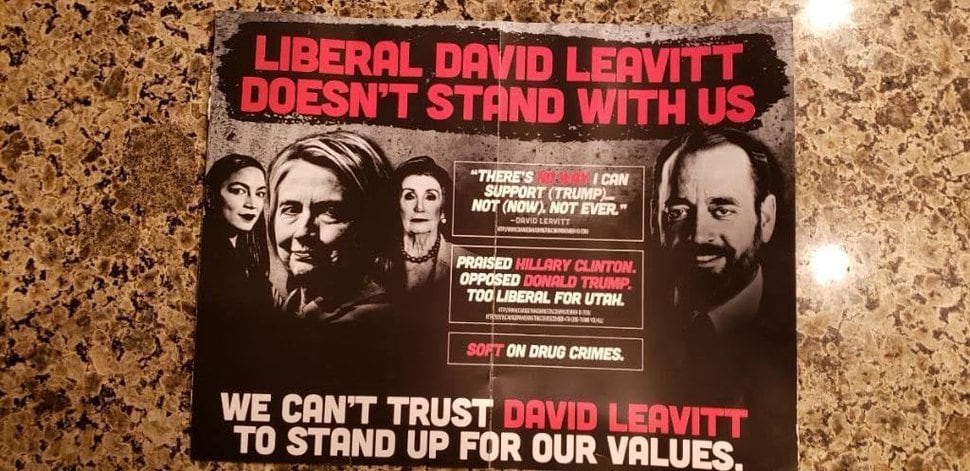 (Courtesy of David Leavitt campaign) Image of a mailer from RAGA Utah PAC attacking the attorney general campaign of David Leavitt.