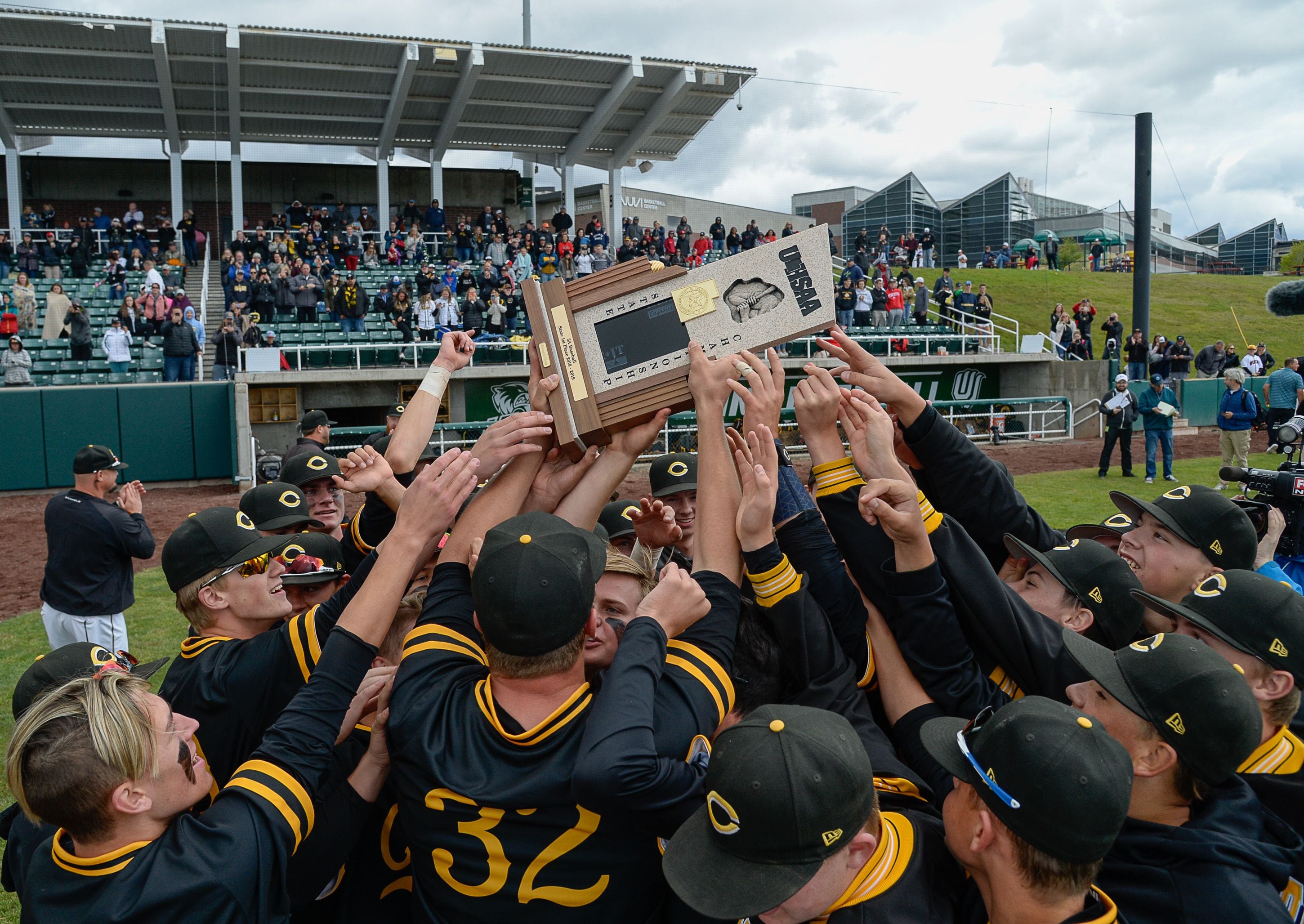 (Francisco Kjolseth | The Salt Lake Tribune) Cottonwood celebrates their 6-5 win over Timpanogos during the 5A baseball championship game at UCCU Stadium on the UVU campus in Orem, Friday, May 24, 2019.