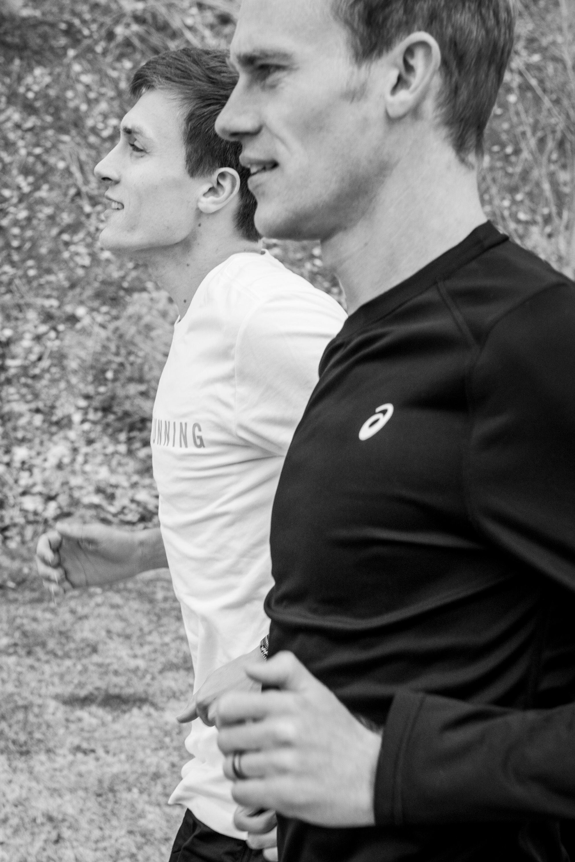 (Russel Daniels | The New York Times) Conner Mantz, left, and Clayton Young warm up at a park in Springville, Utah, March 11, 2024. The close friends ran more than 10,000 miles together Ñ then they both vied for a place in the marathon at the Paris Olympics.
