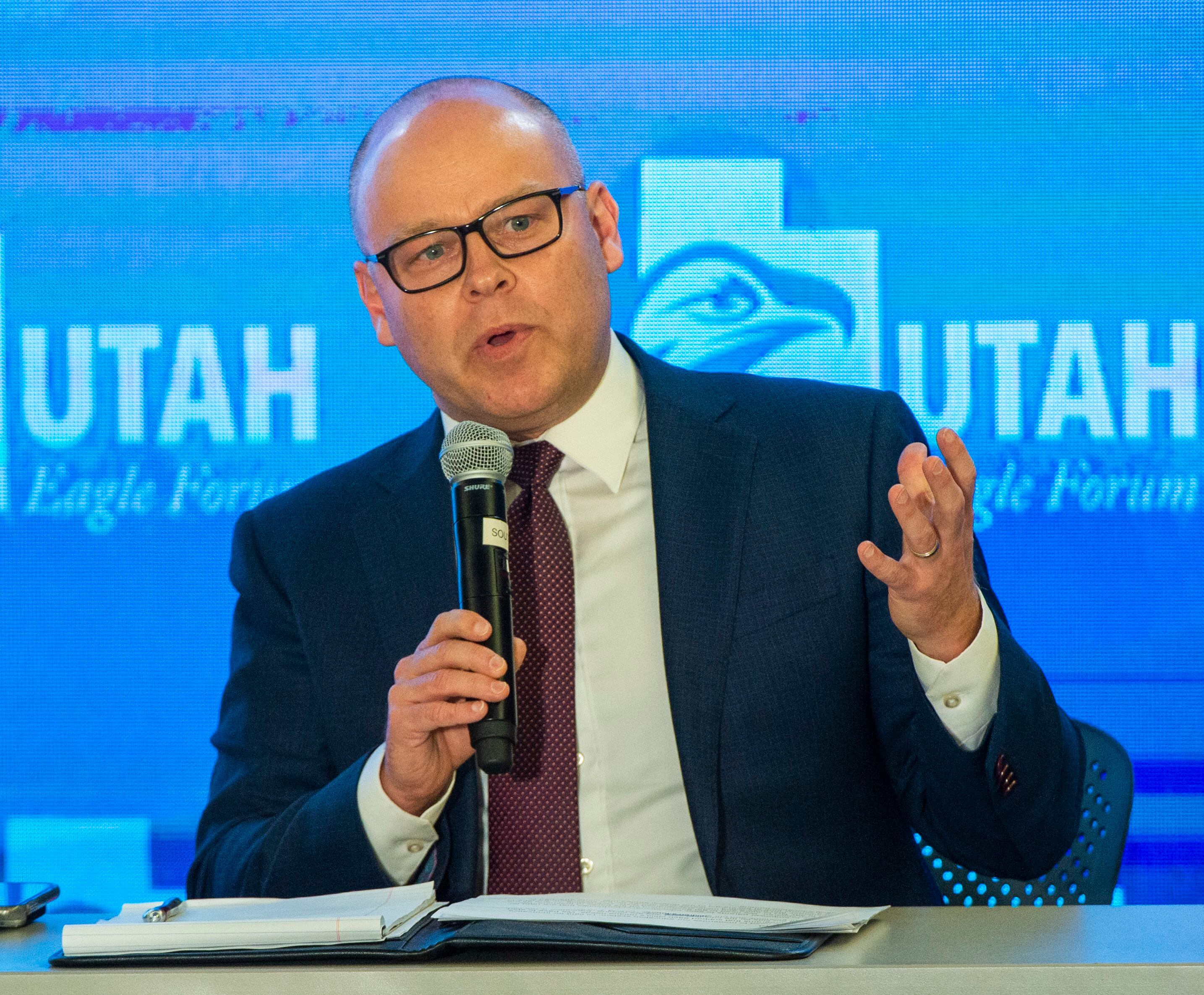 (Rick Egan | The Salt Lake Tribune) Jeff Burningham answers a question during a Panel of Gubernatorial Candidates, at the annual Utah Eagle Forum Convention, in Sandy, Saturday, Jan. 11, 2020.