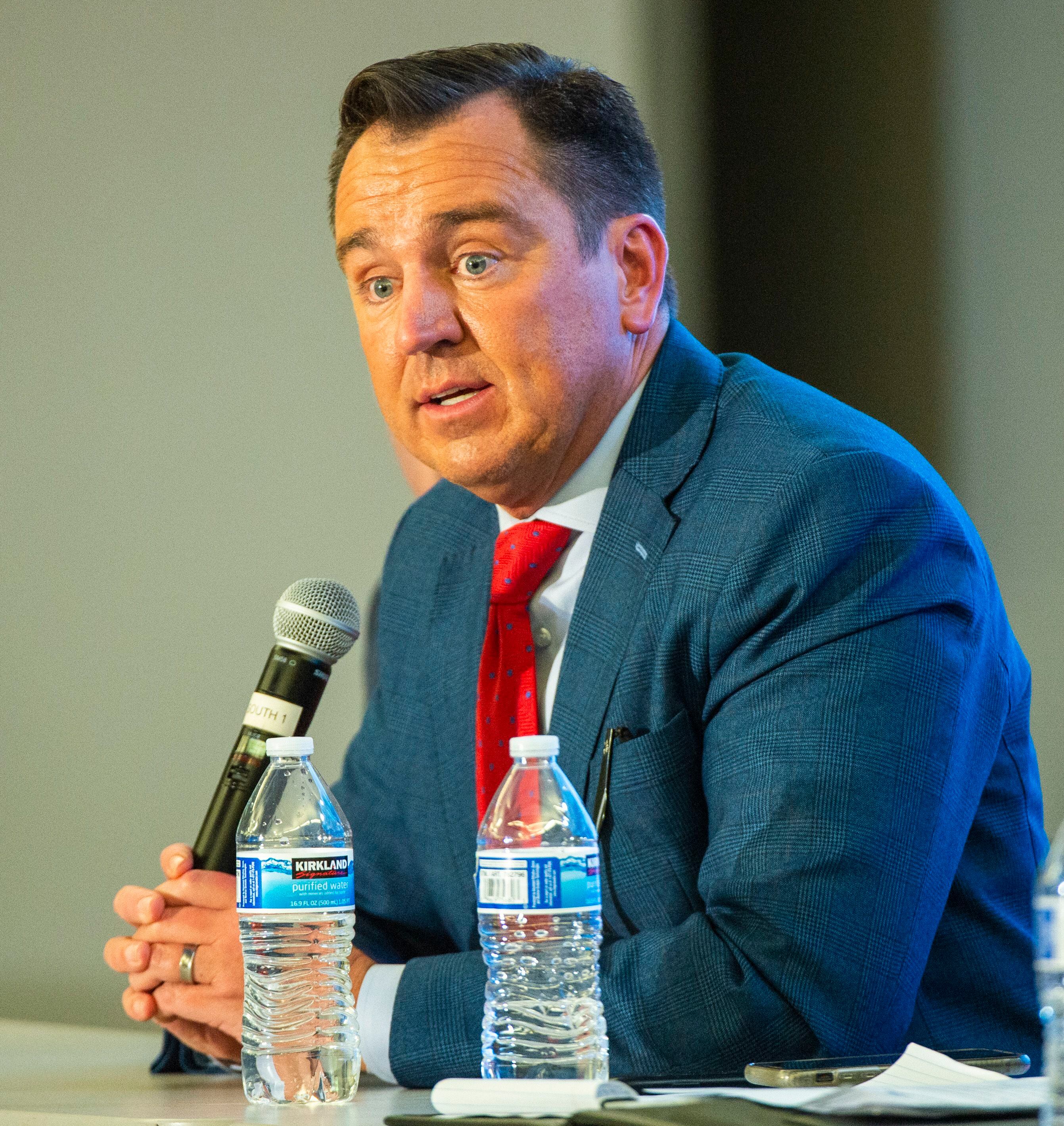 (Rick Egan | The Salt Lake Tribune) Greg Hughes answers a question during a Panel of Gubernatorial Candidates, at the annual Utah Eagle Forum Convention, in Sandy, Saturday, Jan. 11, 2020.