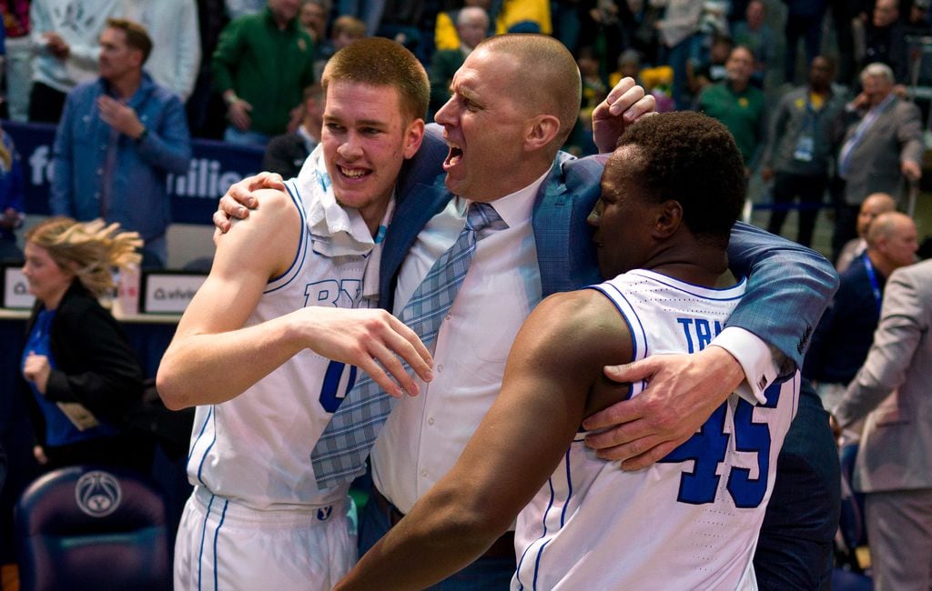 BYU basketball coach Mark Pope reacts to Rick Pitino's praise after Baylor win