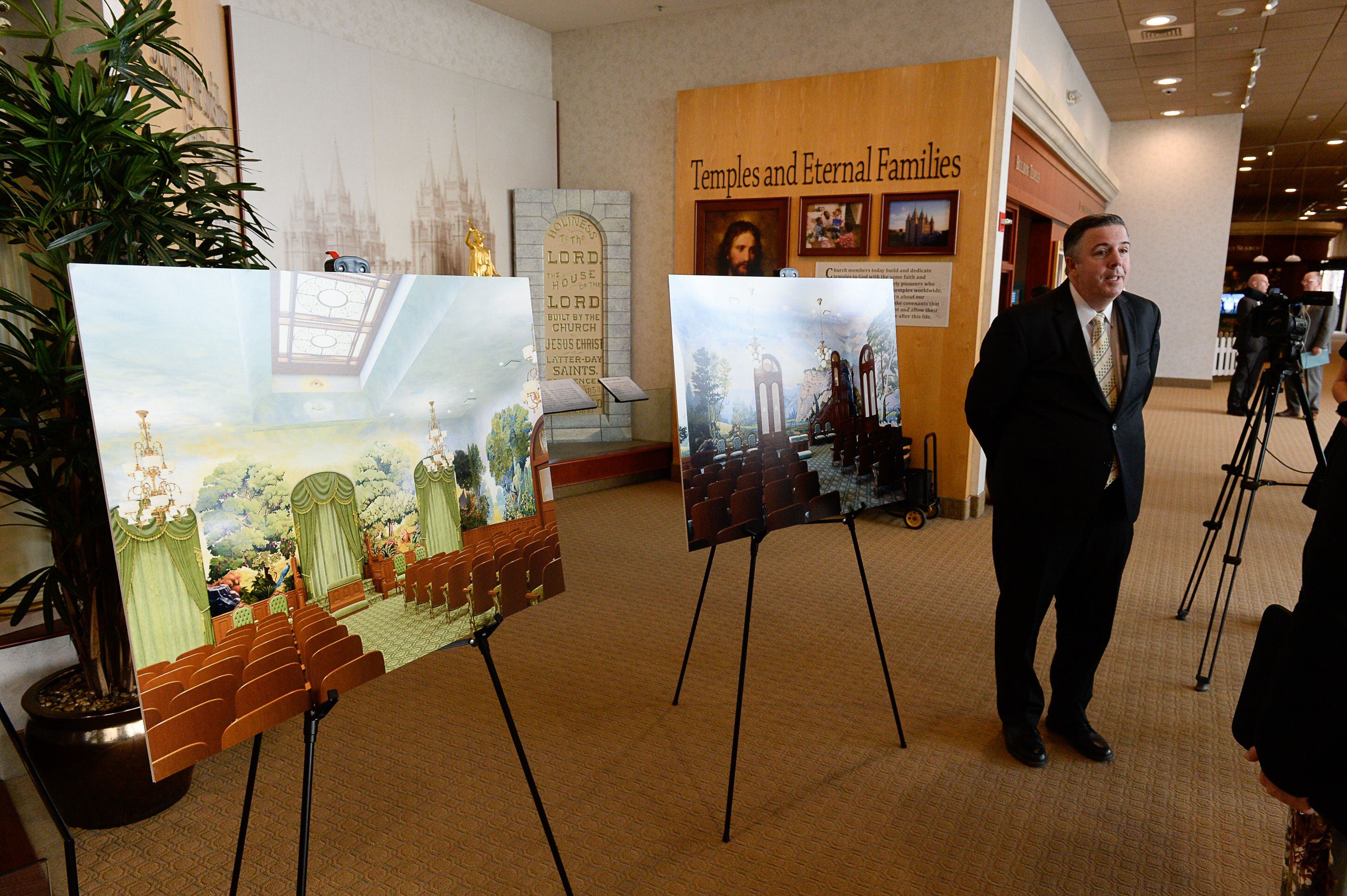 (Francisco Kjolseth | The Salt Lake Tribune) Andy Kirby, director, historic temple renovations in the special projects department, joins other representatives from The Church of Jesus Christ of Latter-day Saints by giving insights into plans for extensive temple renovations set to close the temple Dec. 29, 2019, through 2024. Parts of the Temple Square Plaza are also set to be renovated. At left are renderings of the garden room and world room.