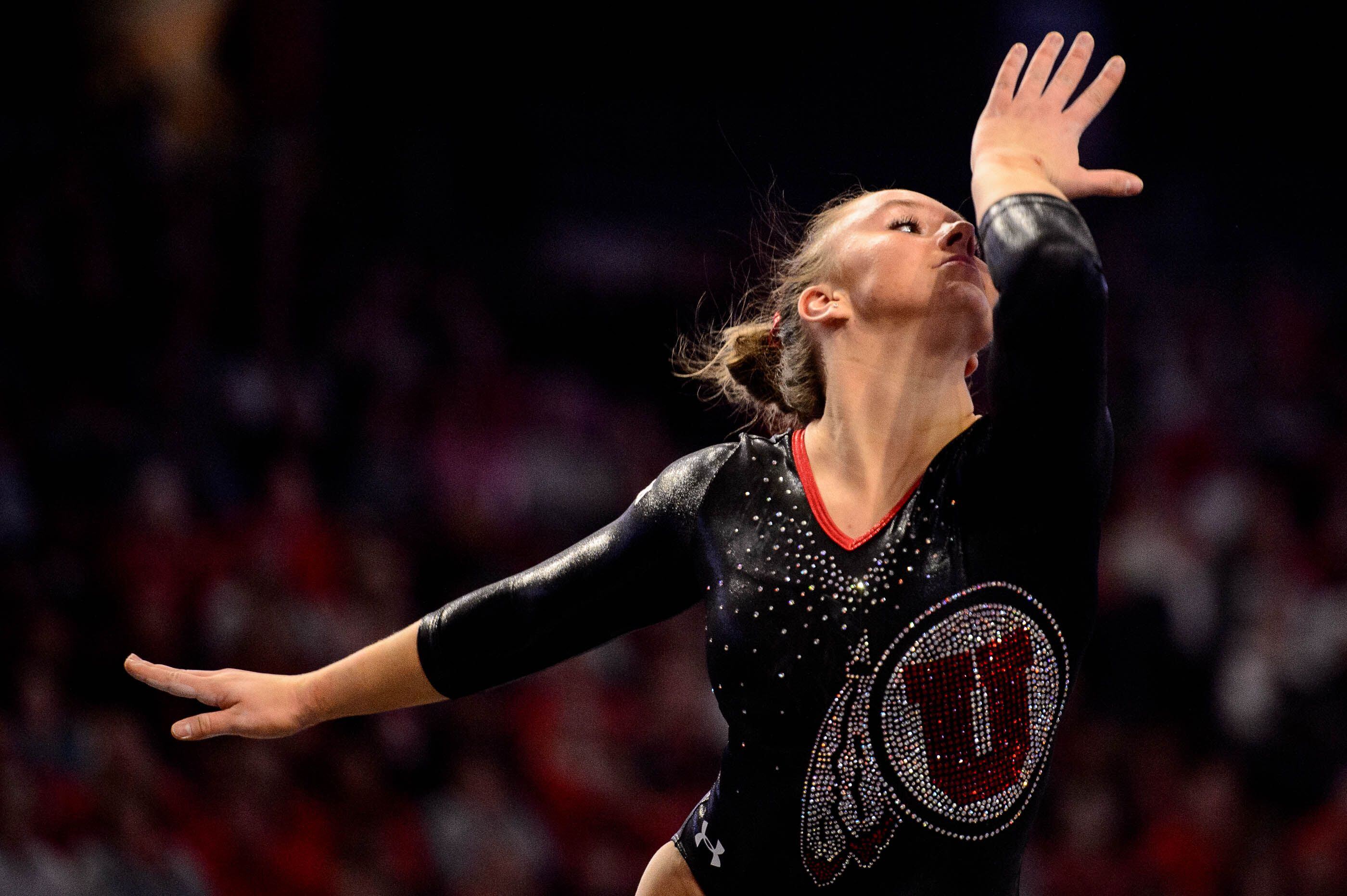 (Trent Nelson | The Salt Lake Tribune) Utah's Maile O'Keefe on the floor at the Best of Utah NCAA Gymnastics Meet in West Valley City on Saturday, Jan. 11, 2020.