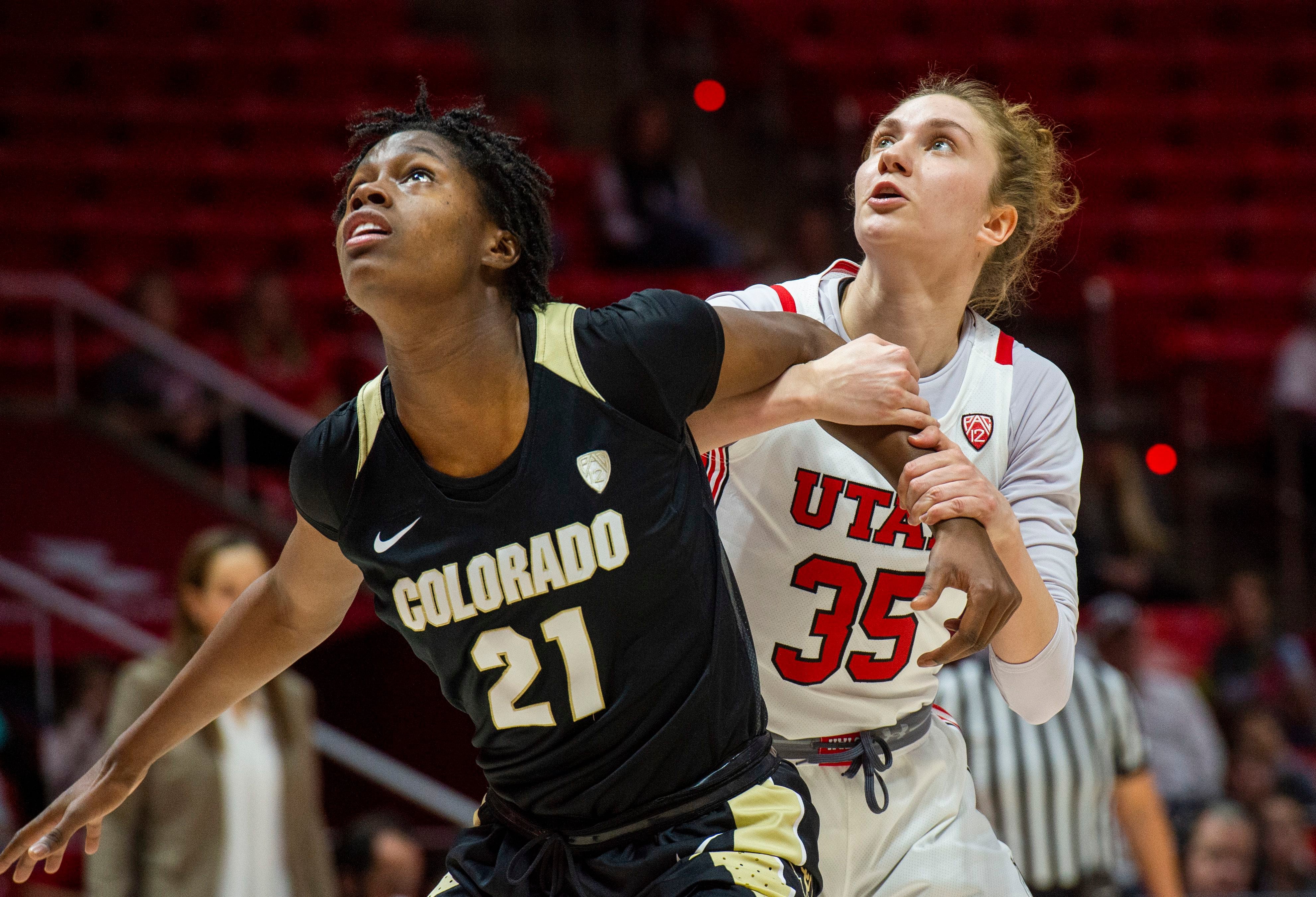 (Rick Egan | The Salt Lake Tribune) Colorado Buffaloes guard Mya Hollingshed (21) and Utah Utes forward Ola Makurat (35) wait for a rebound, in PAC-12 basketball action between the Utah Utes and the Colorado Buffaloes, at the Jon M. Huntsman Center, Sunday, Nov. 29, 2019.