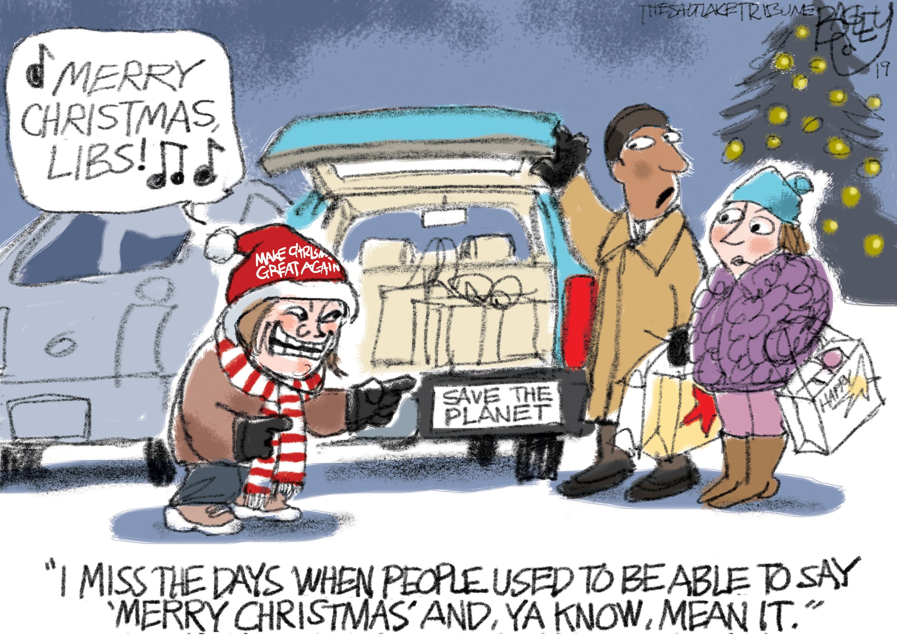 (Pat Bagley | The Salt Lake Tribune) This cartoon, titled "Trolling for Christmas," appears in The Salt Lake Tribune on Thursday, Dec. 19, 2019.