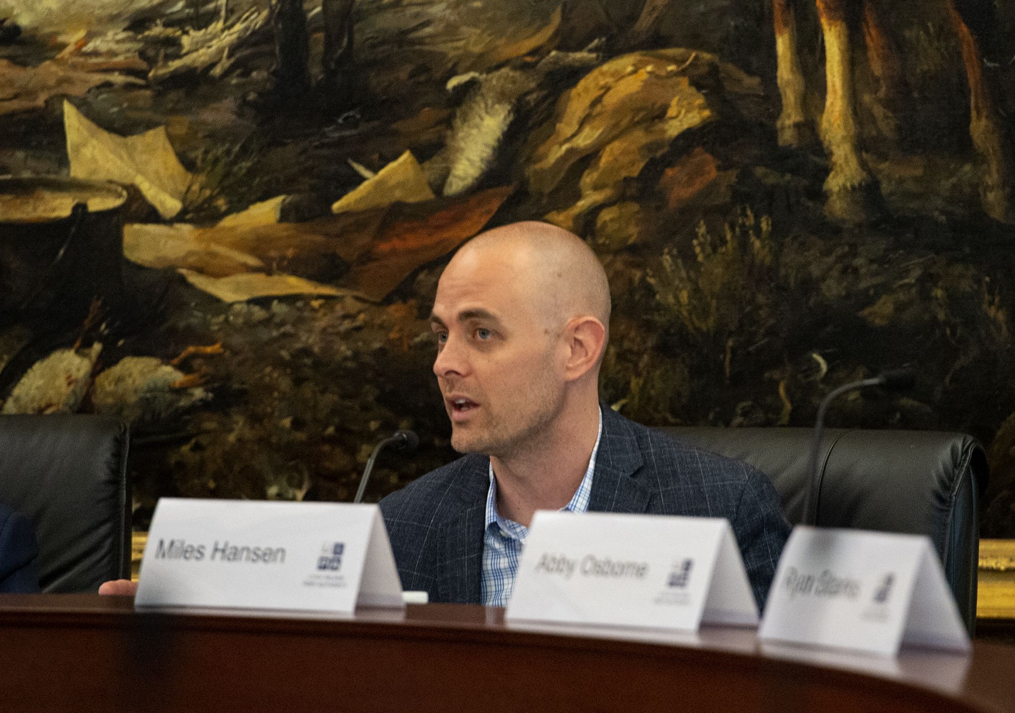 (Chris Samuels | The Salt Lake Tribune) Chair Miles Hansen opens a meeting of the Utah Inland Port Authority board at the State Capitol, Thursday, May 11, 2023.