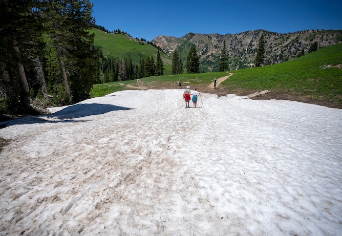 (Rick Egan | The Salt Lake Tribune) Hikers cross a snowfield, on the Cecret Lake trail, in Little Cottonwood Canyon, on Wednesday, July 12, 2023.
