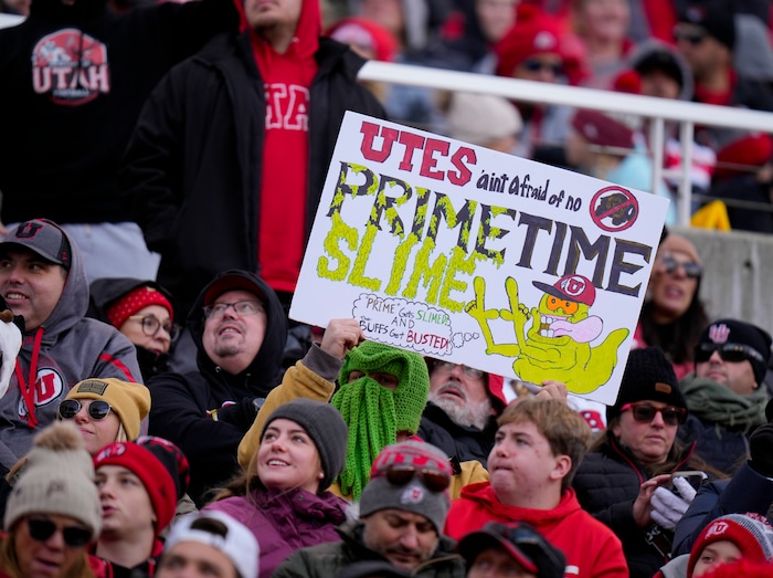 (Bethany Baker  |  The Salt Lake Tribune) A Utah Utes fan holds up a sign against the Colorado Buffaloes at Rice-Eccles Stadium in Salt Lake City on Saturday, Nov. 25, 2023.