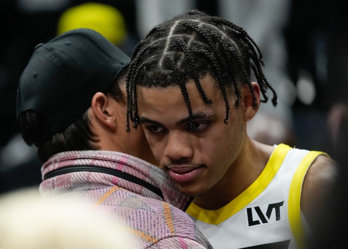 (Francisco Kjolseth  |  The Salt Lake Tribune) Utah Jazz guard Keyonte George (3) hears from Jazz owner Ryan Smith following their loss to the Golden State Warriors 140-137 following their NBA basketball game Thursday, Feb. 15, 2024, in Salt Lake City.