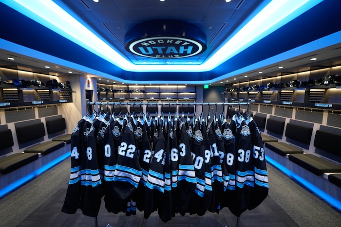 (Francisco Kjolseth  | The Salt Lake Tribune) The new Utah hockey club locker room is pictured at the Delta Center on Friday, Oct. 25, 2024, in Salt Lake City.