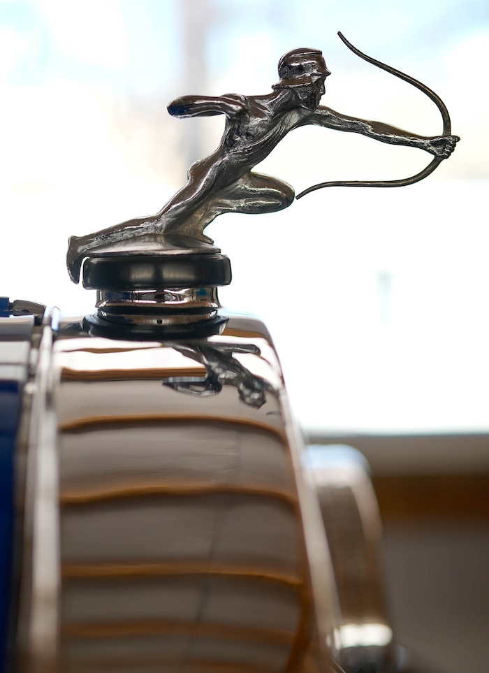 (Francisco Kjolseth  | The Salt Lake Tribune) The hood ornament on a 1928 Pierce-Arrow, with the arrow temporarily removed for cleaning, is pictured at the Richard W. Erickson Foundation Power Show & Museum in Wallsburg, Utah on Tuesday, Aug. 6, 2024.