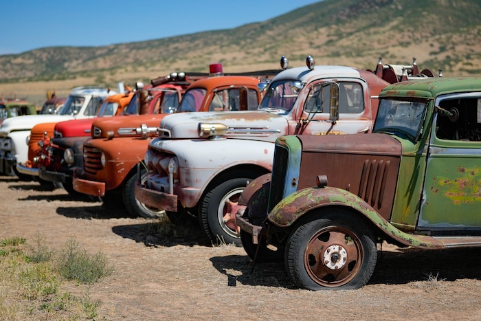 (Francisco Kjolseth  | The Salt Lake Tribune) Fields of trucks are pictured at the Richard W. Erickson Foundation Power Show & Museum in Wallsburg, Utah on Tuesday, Aug. 6, 2024.