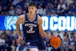 (Rick Egan | The Salt Lake Tribune)  Brigham Young guard Egor Demin (3) leads a Cougar fast break, in basketball action between the Queens Royals and the BYU Cougars, at the Marriott Center, on Tuesday, Nov. 13, 2024.
