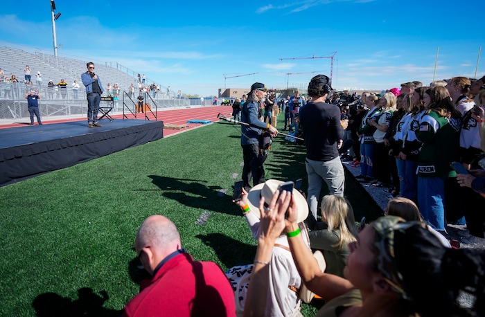 (Bethany Baker  |  The Salt Lake Tribune) Kevin Bacon speaks at a charity event to commemorate the 40th anniversary of the movie ÒFootlooseÓ on the football field of Payson High School in Payson on Saturday, April 20, 2024.