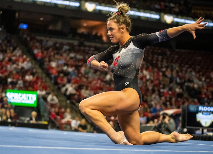 (Rick Egan | The Salt Lake Tribune)  Jaylene Gilstrap competes on the floor for Utah, in Gymnastics actin between Utah, LSU, Oklahoma and UCLA at the Maverik Center, on Saturday, Jan. 13, 2024.
