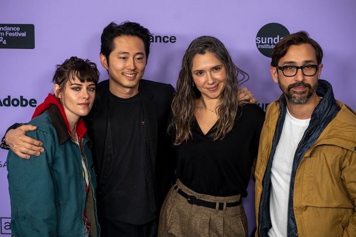 (Rick Egan | The Salt Lake Tribune)  Kristen Stewart and Steven Yeun, with co-dorector/writers Sam & Andy Zuchero, on the press line for the premiere of "Love Me" at the Eccles Theatre at the Sundance Film Festival, on Friday, Jan. 19, 2024.
