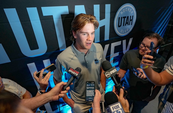 (Francisco Kjolseth  |  The Salt Lake Tribune) Utah Hockey Club prospect Josh Doan speaks to the media as the Utah Hockey Club hosts their first NHL draft party at the Delta Center on Friday, June 28, 2024.