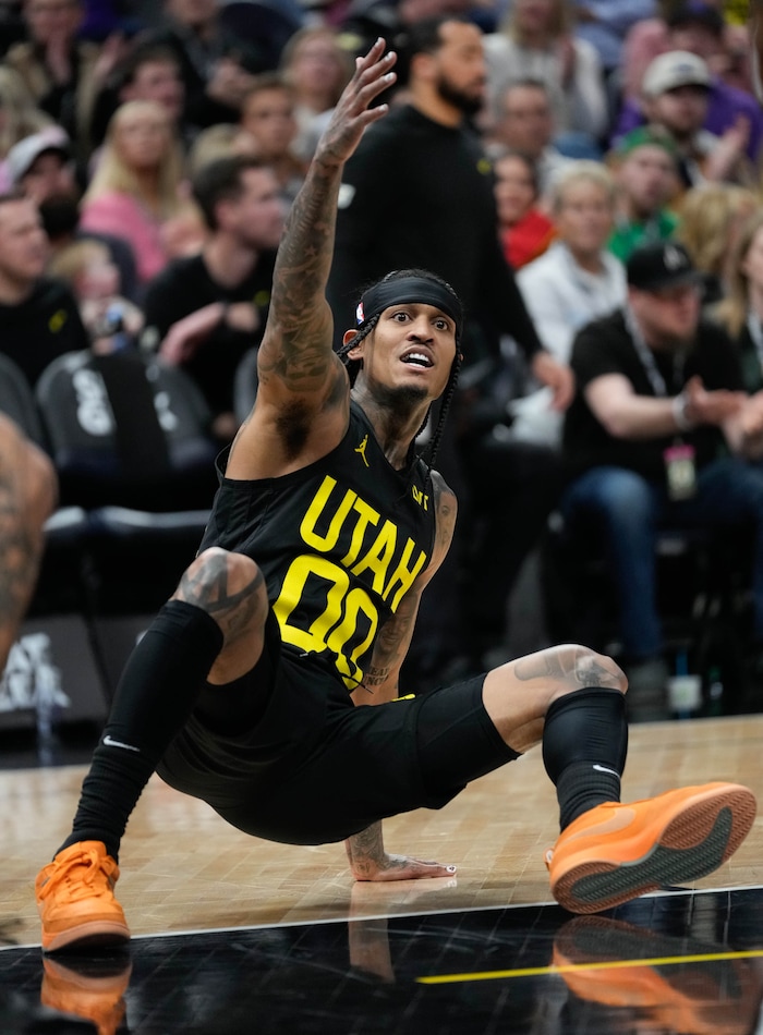 (Francisco Kjolseth  |  The Salt Lake Tribune) Utah Jazz guard Jordan Clarkson (00) argues a call as they play the Lakers during an NBA basketball game Wednesday, Feb. 14, 2024, in Salt Lake City.