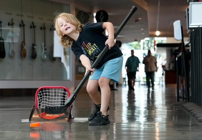 (Francisco Kjolseth  |  The Salt Lake Tribune) Greyson Wootton, 6, participates in the hockey activities as the Utah Hockey Club hosts their first NHL draft party at the Delta Center on Friday, June 28, 2024.