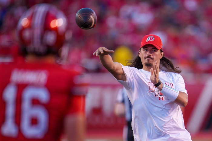 (Trent Nelson  |  The Salt Lake Tribune) Utah Utes quarterback Cameron Rising (7) throws the ball during halftime as the Utah Utes host the Florida Gators, NCAA football in Salt Lake City on Thursday, Aug. 31, 2023.