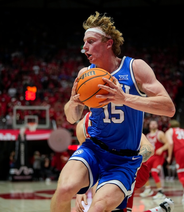 (Bethany Baker  |  The Salt Lake Tribune) Brigham Young Cougars guard Richie Saunders (15) catches a rebound at the Jon M. Huntsman Center in Salt Lake City on Saturday, Dec. 9, 2023.