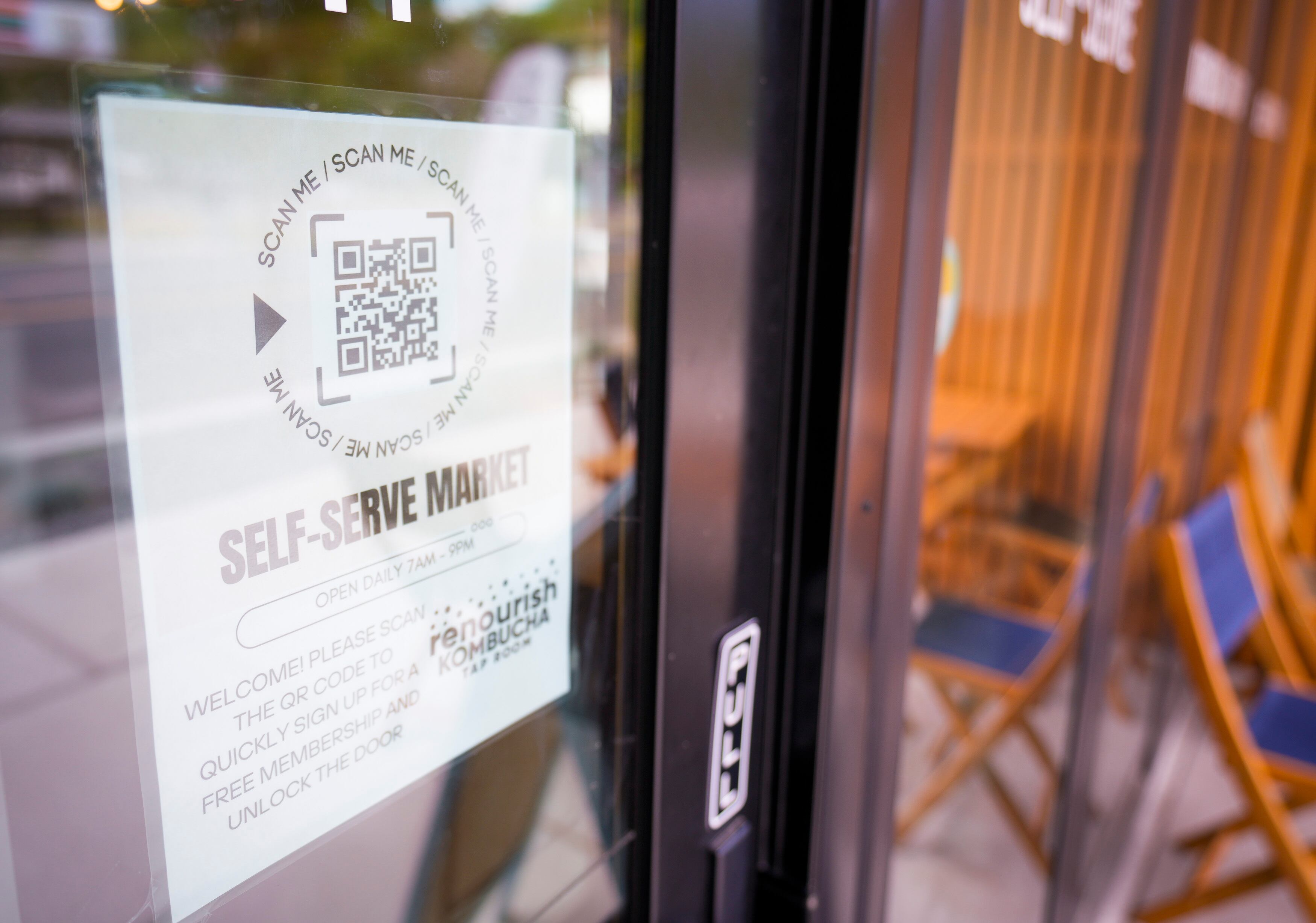 (Bethany Baker | The Salt Lake Tribune) A sign informs patrons of the unique way to enter Renourish Taproom, a kombucha taproom that recently adopted a "staffless" business model, in Salt Lake City on Wednesday, June 12, 2024.