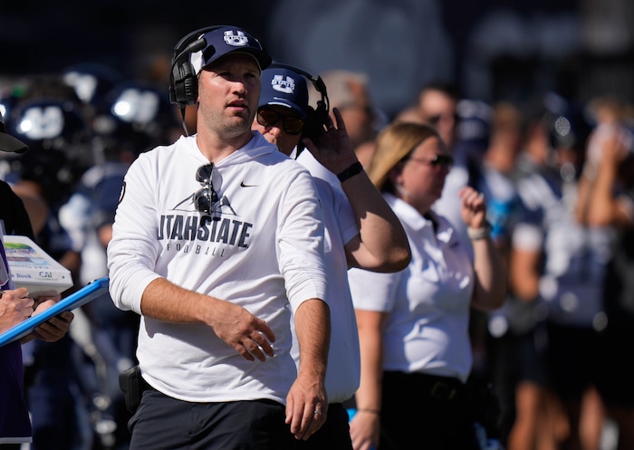 (Francisco Kjolseth  | The Salt Lake Tribune) Utah State interim head coach Nate Dreiling as Utah State hosts the University of Utah during the first half of an NCAA college football game Saturday, Sept. 14, 2024, in Logan, Utah.