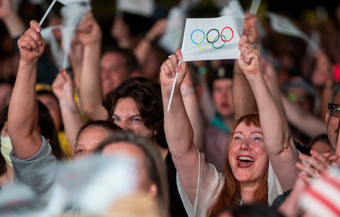 (Rick Egan | The Salt Lake Tribune) Crowds cheer as Salt Lake City is announced as host for the 2034 Winter Olympics at Salt Lake City Hall, Wednesday, July 24, 2024.