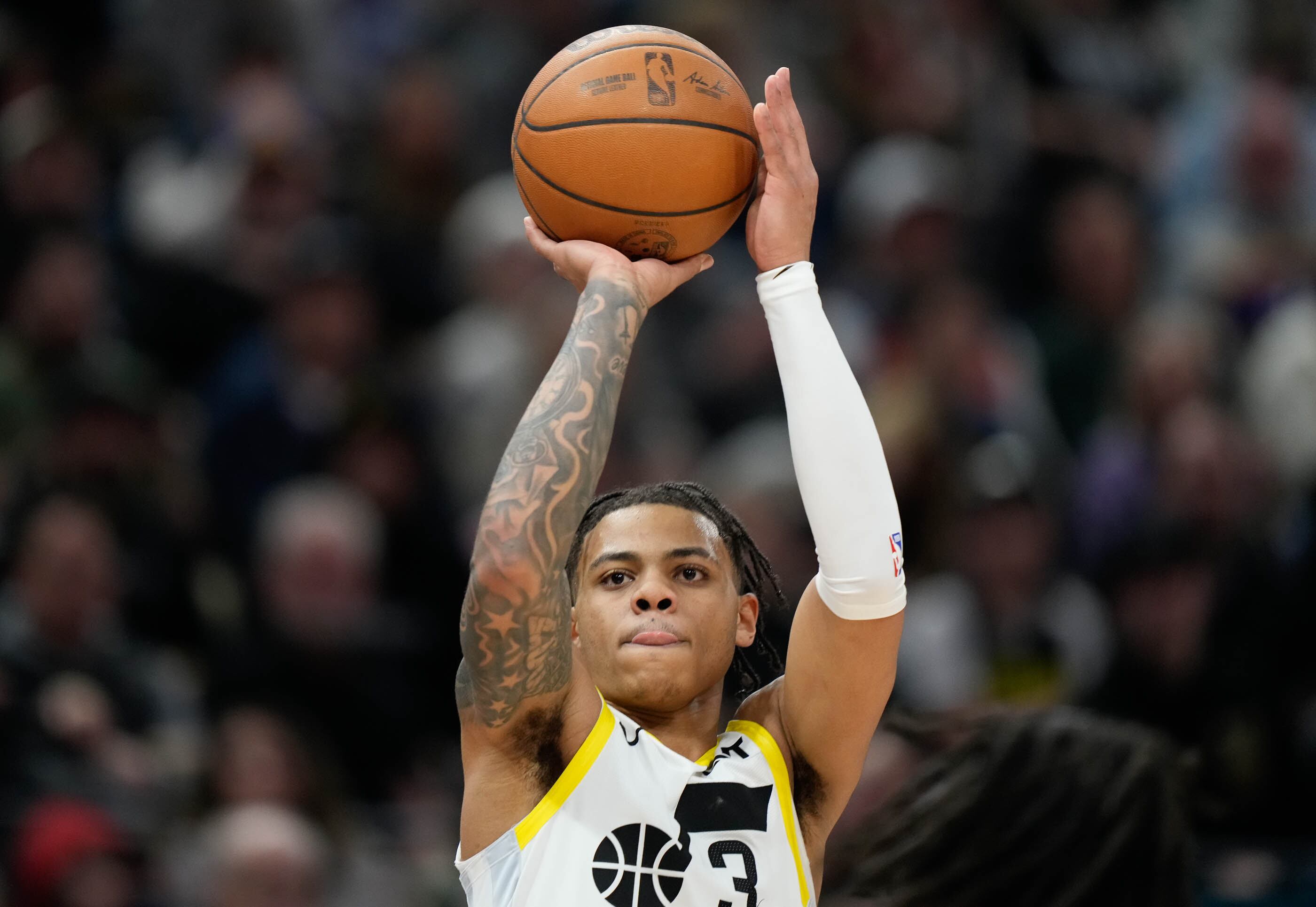 (Francisco Kjolseth | The Salt Lake Tribune) Utah Jazz guard Keyonte George (3) keeps an eye on target for a three point shot against the Warriors during an NBA basketball game Thursday, Feb. 15, 2024, in Salt Lake City.