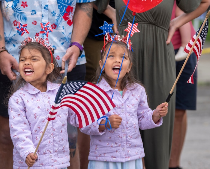 (Rick Egan | The Salt Lake Tribune) Twins Kai and Ray Martin, 4,  shout "USA, USA", during the Liberty Days Parade, in Liberty, Utah, on Tuesday, July 4, 2023. 

