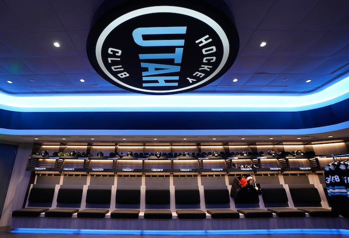 (Francisco Kjolseth  | The Salt Lake Tribune) The new Utah hockey club locker room is pictured at the Delta Center on Friday, Oct. 25, 2024, in Salt Lake City.