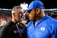 (Trent Nelson  |  The Salt Lake Tribune)  
Coaches Kyle Whittingham and Kalani Sitake shake hands after the game as Brigham Young University (BYU) hosts the University of Utah, NCAA football in Provo on Friday Aug. 30, 2019.