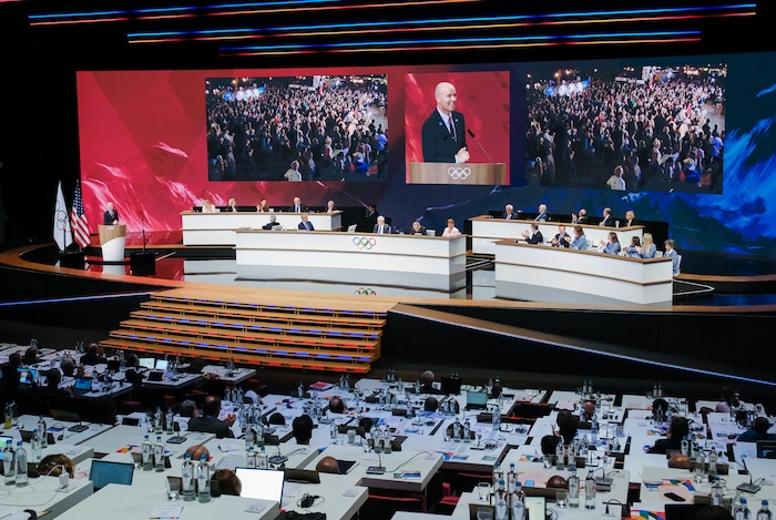 (David Jackson | Park Record) Gov. Spencer Cox makes remarks during a presentation to International Olympic Committee members in Paris on a bid to host the 2034 Winter Olympics, Wednesday, July 24, 2024.