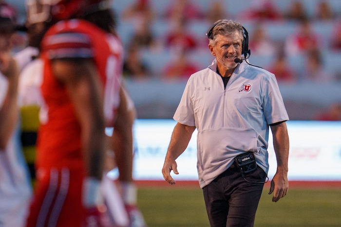 (Trent Nelson  |  The Salt Lake Tribune) Coach Kyle Whittingham as the Utah Utes host the Florida Gators, NCAA football in Salt Lake City on Thursday, Aug. 31, 2023.