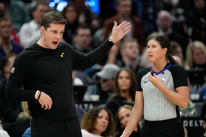 (Francisco Kjolseth  |  The Salt Lake Tribune) Utah Jazz coach Will Hardy argues with referee Natalie Sago (9) during an NBA basketball game against the Lakers Wednesday, Feb. 14, 2024, in Salt Lake City.