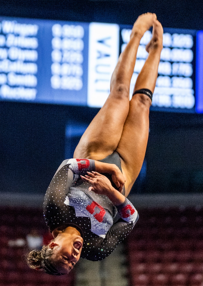 (Rick Egan | The Salt Lake Tribune)  Jaedyn Rucker competes on the vault for Utah, as the Red Rocks vs. LSU, Oklahoma and UCLA at the Maverik Center, on Saturday, Jan. 13, 2024.
