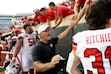 Utah head coach Kyle Whittingham celebrates with players and fans after an NCAA college football game against Oklahoma State, Saturday, Sept. 21, 2024, in Stillwater, Okla. (AP Photo/Mitch Alcala)