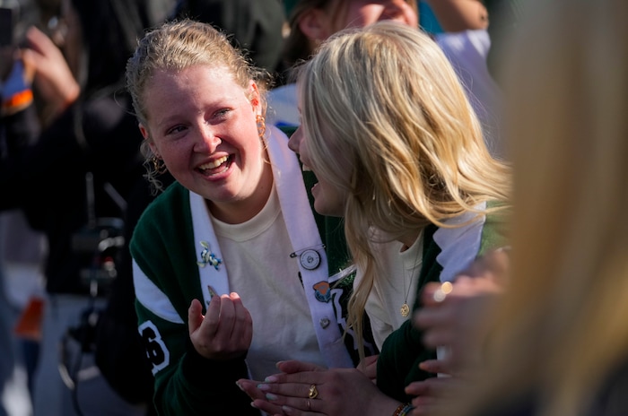 (Bethany Baker  |  The Salt Lake Tribune) Payson High School students react as Kevin Bacon walks onto the field at a charity event to commemorate the 40th anniversary of the movie "Footloose" on the football field of Payson High School in Payson on Saturday, April 20, 2024.