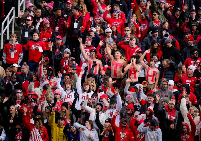 (Bethany Baker  |  The Salt Lake Tribune) Utah Utes fans cheer during the game against the Colorado Buffaloes at Rice-Eccles Stadium in Salt Lake City on Saturday, Nov. 25, 2023.