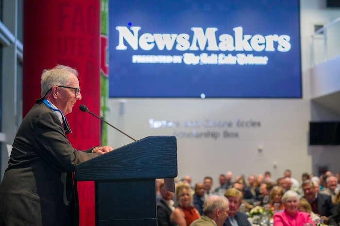 (Trent Nelson  |  The Salt Lake Tribune) Tim Fitzpatrick speaks at the NewsMaker Awards in Salt Lake City on Thursday, Nov. 16, 2023.